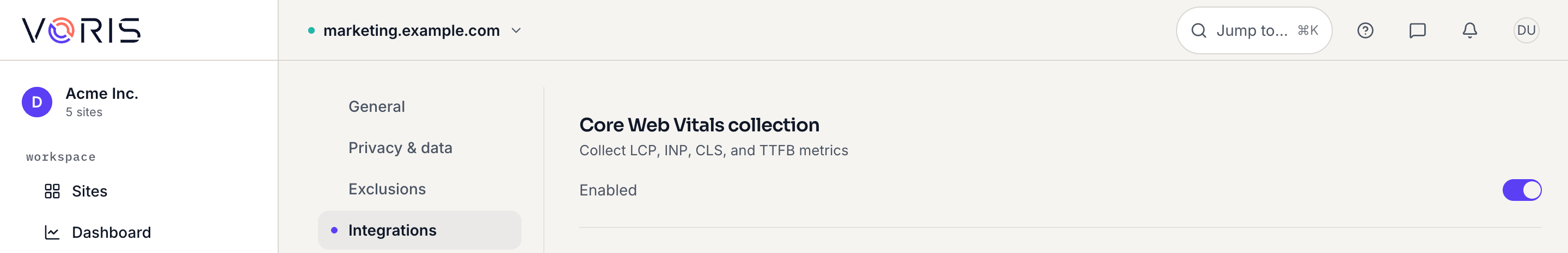 Core Web Vitals toggle